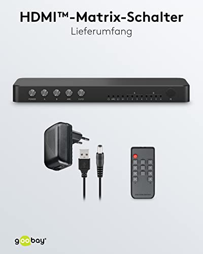 goobay 58479 HDMI Matrix Switch 4 a 2/Divisor Matrix Switch 4k @ 60 Hz/con mando a distancia para reproductor de Blu Ray, Xbox, PS5 y TV/conmutador de 4 entradas y 2 salidas,Schwarz