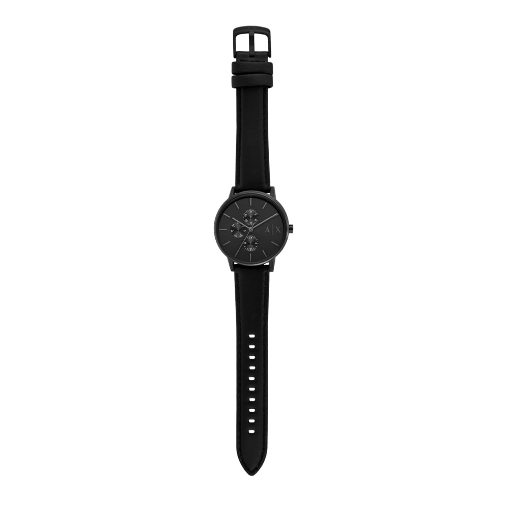 Armani Exchange Reloj para hombre, movimiento multifunción de cuarzo y caja de 42 mm con correa de piel, Negro azabache