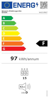 SEVERIN WKS 8907 Vinoteca para 15 Botellas, 46 L, Temperatura: 5° y 18°C, Nivel Ruido 43 dB(A), Puerta de Cristal con Marco de Plástico y 2 Rstantes Cromados, 1 de Ellos Regulable en Altura, Negro