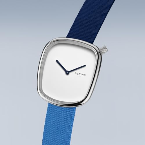 BERING 18034-309 Reloj de Cuarzo para Mujer con Caja de Acero Inoxidable de 30 mm con Acabado Negro y Esfera Blanca, Correa Estilo Militar, Cristal de Zafiro y Resistencia al Agua de 3 ATM
