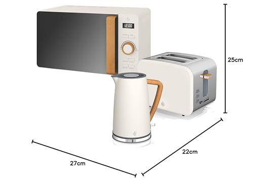 Swan Nordic Set Desayuno Hervidor de agua 1,7L 2200W, Tostadora Pan ranura ancha 2 rebanadas, Microondas 20L digital, diseño moderno, efecto madera, blanco