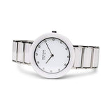 BERING 11429-754 Reloj de cuarzo para mujer con caja de acero inoxidable plateado de 29 mm, esfera blanca, brazalete de acero inoxidable con detalles de cerámica, resistencia al agua de 5 ATM