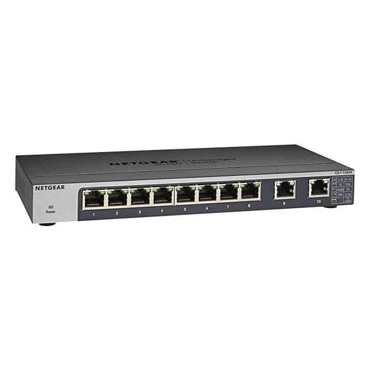 Netgear GS110MX-100UKS - Switch de red Smart Plus no gestionable (8 puertos Gigabit y 2 puertos 10G/MultiGigabit con montaje en pared o bastidor, sin ventilador) [modelo UK]