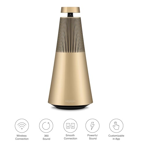Bang & Olufsen Beosound 2 (3.ª Gen), Elegante y potente altavoz WiFi para el hogar con sonido envolvente de 360 grados, de pie o para estantería, Gold Tone