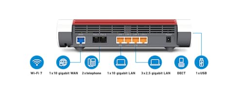 Fritz!Box 4690 (Router Wi-Fi 7 Mesh para conexión de Cable, DSL o Fibra óptica, hasta 6960 Mbps, 1 x 10 Gigabit, 1 x LAN 10 Gigabit, 3 x LAN 2,5 Gigabit, Wi-Fi Mesh, versión Alemana)
