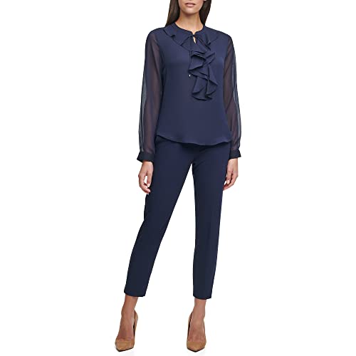 Tommy Hilfiger Long Sleeve Ruffle Front Blouse Blusas, Medianoche, L para Mujer