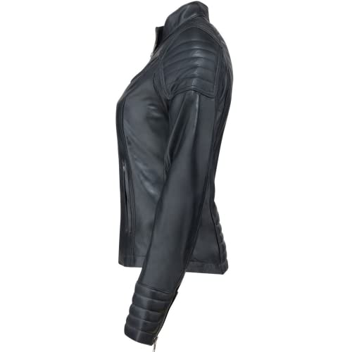 URBAN 5884 Chaqueta de Cuero para Mujer, Chaqueta de Auténtica Piel de Cordero, Corta y Ajustada, Cuero Liso y Suave, Negro, L