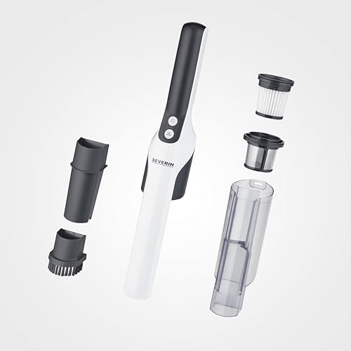 SEVERIN Aspiradora de mano sin cable, aspirador silencioso para pelos con accesorio para muebles y teclados, aspirador pequeño con batería hasta 30 min, blanco/negro mate, HV 7140