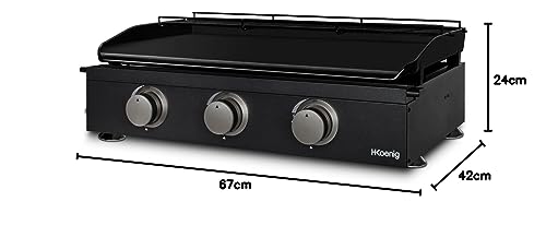 H.Koenig PLX1032 Plancha de Gas, 3 quemadores en U, Acero Inoxidable, Placa en Hierro Fundido, Gas Propano o Butano, Facil Limpieza, Antideslizante, Negro