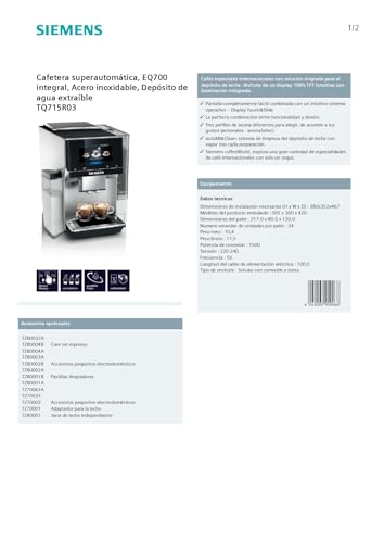 Siemens - Cafetera superautomática EQ700, pantalla Touch&Slide, coffeeWorld, Home Connect, acero inoxidable y blanco, TQ715R03