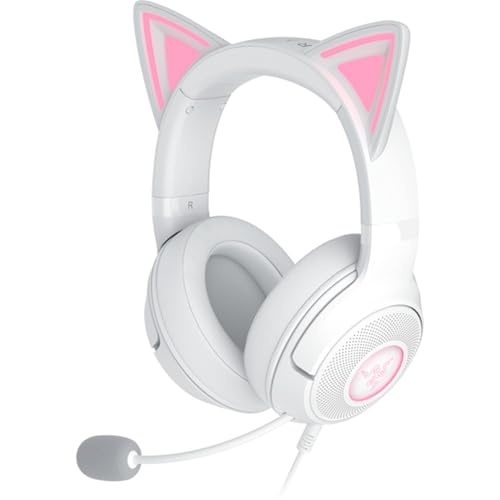 Razer Kraken Kitty V2 - Auriculares RGB con Cable y Kitty Ears para Juegos y Streaming (325 g, transductores Triforce de 40 mm, micrófono cardioide HyperClear, Sonido Envolvente) Blanco