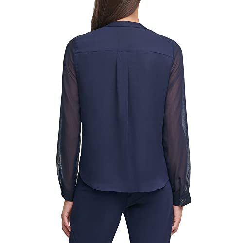 Tommy Hilfiger Long Sleeve Ruffle Front Blouse Blusas, Medianoche, L para Mujer