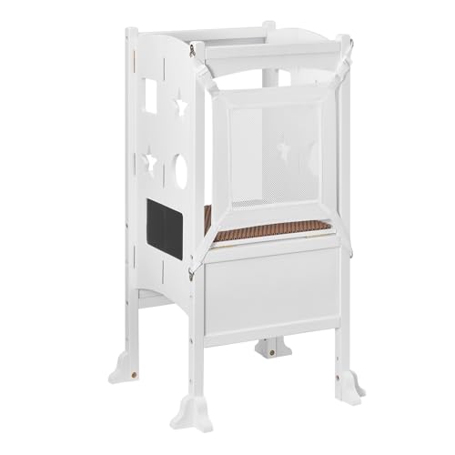 VEVOR Torre de Observación para Niños Carga de 56,75 kg Torre de Aprendizaje Montessori Plegable Madera Maciza Red de Seguridad de 3 Alturas para Niños Pequeños, Dormitorio, Baño, Mostrador, Blanco