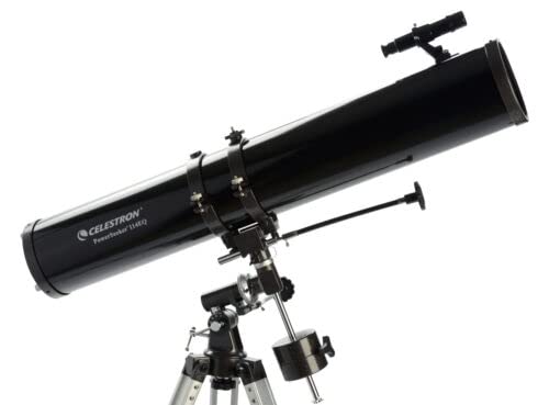 Celestron 21045 PowerSeeker 114EQ Telescopio Reflector Que Incluye Dos oculares, Lente Barlow, trípode Ajustable en Altura y Bandeja de Accesorios de Lujo, Negro