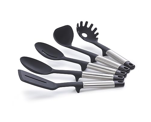Joseph Joseph Elevate Utensilios de Cocina de Silicona, 5 Piezas, Accesorios sin BPA, Antiadherentes, Resistentes al Calor, Mango en Acero Inoxidable, con Soporte Giratorio