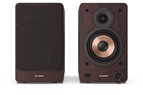 Sharp CP-SS30(BR) Pareja Altavoces estantería Activos 2vías, 60W RMS (2x30W) Carcasa Madera, Bluetooth v5.0, USB, óptica, Auxiliar, RCA, Ajuste Graves y Agudos, Rejilla extraíble, Mando a Distancia.