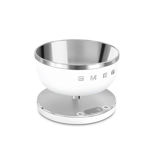 Smeg. Báscula de cocina digital blanca mate, medición precisa, acero inoxidable, uso doméstico. Capacidad de hasta 5 kilogramos