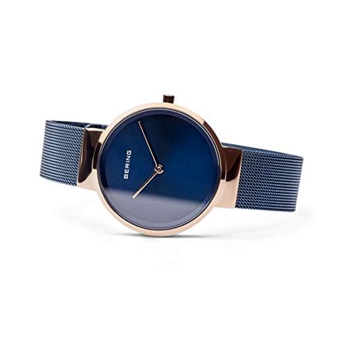 BERING 14531-367 Reloj de cuarzo para mujer con caja de acero inoxidable de 31 mm con acabado en oro rosa y esfera azul, correa milanesa, cristal de zafiro y resistencia al agua de 5 ATM