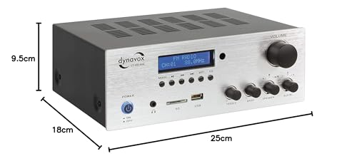 Dynavox VT-80 MK Amplificador estéreo Compacto, 4 terminales de Altavoz atornillables, Control Remoto para entradas Digitales (USB, Tarjeta SD), Antena BT integrada y Radio FM, Plateado