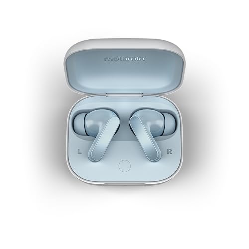 Motorola Moto Buds, Auriculares inalámbricos, Sonido inmersivo con Dolby Atmos, reducción de Ruido, autonomía de 42 Horas, 3 micrófonos, Azul Cielo [versión Francesa]