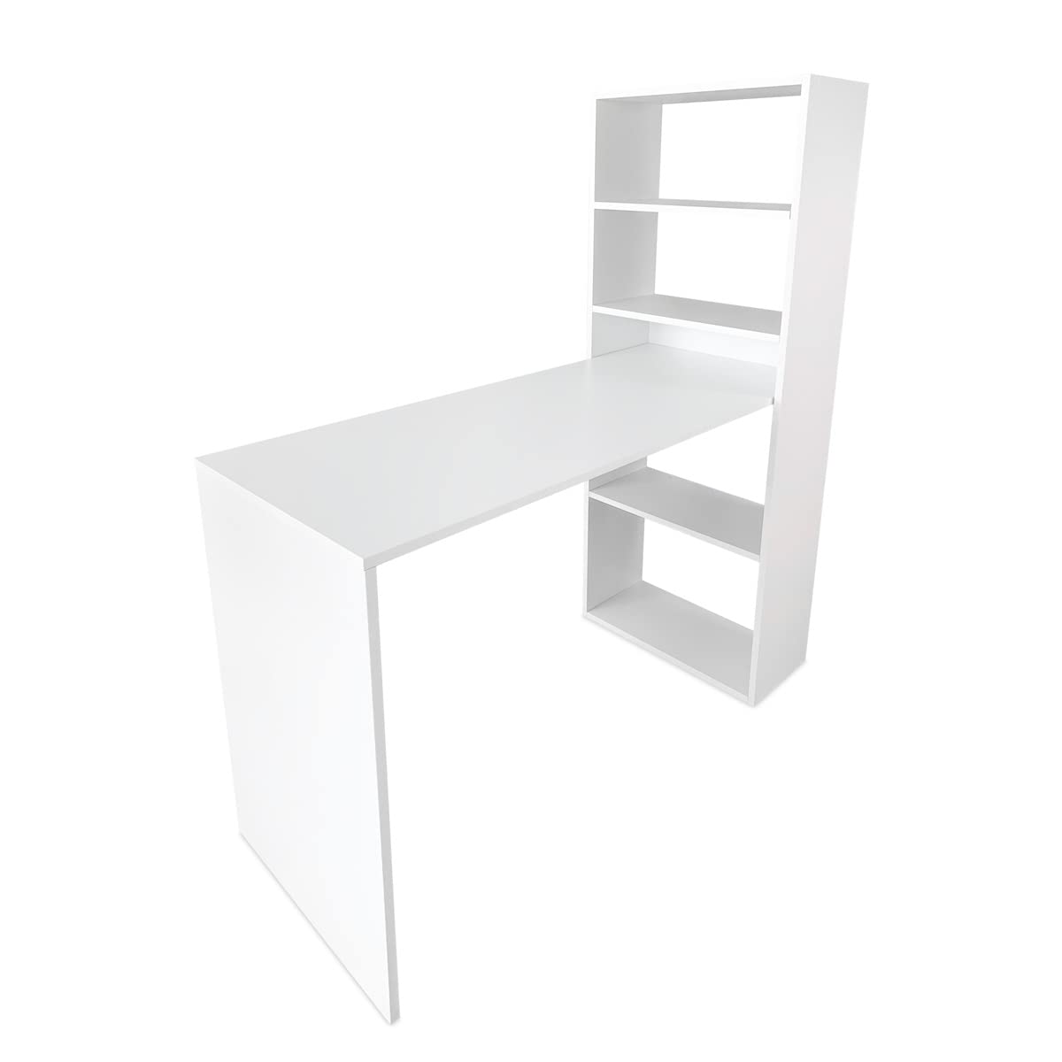 Mattfy - Mesa de Escritorio Multifuncional con Estantería Integrada, Acabado en Blanco, Ideal para Espacios de Trabajo y Estudio, Medidas: 122 cm (Ancho) x 53,2 cm (Fondo) x 140 cm (Alto)