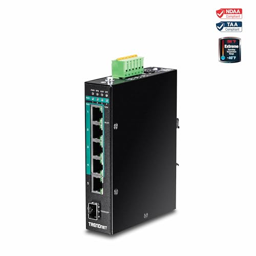 TRENDnet, TI-PG541i, Switch DIN-Rail administrado de Capa 2 PoE+ Gigabit Industrial Reforzado de 6 Puertos, 4 Puertos Gigabit PoE+ 802.3at, 1 Puerto Gigabit, 1 Ranura SFP Gigabit, Consumo de 120 W
