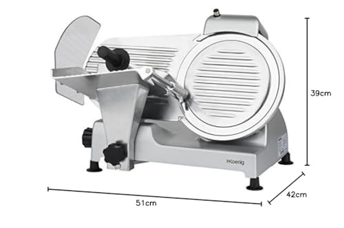 Cortadora de fiambre eléctrica H.Koenig MSX250, profesional, precisa, espesor de corte 0-12 mm, cuchilla italiana de 25 cm, afilador integrado, amplia bandeja, 282 rpm, plateado
