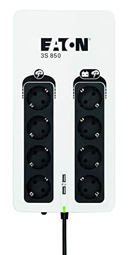 Eaton 3S UPS 850 DIN - Off-Line UPS - 3S850D - Sistema de alimentación ininterrumpida SAI - 850 VA (8 Salidas Tipo DIN, 2 Puertos de carga USB Tipo A) - Negro y Blanco