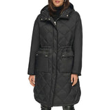 DKNY Button Down Long Quilted Coat Colcha, Black, XS De Las Mujeres