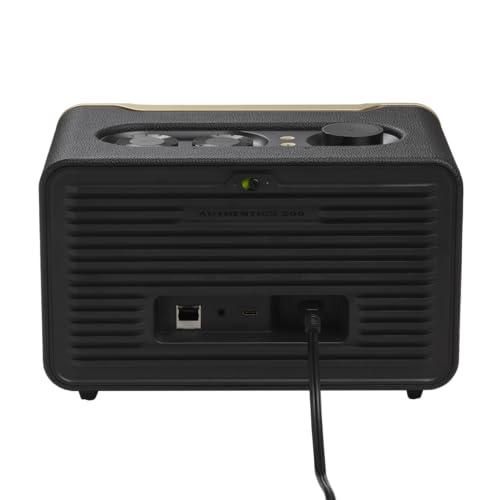 JBL Authentics 200, altavoz inteligente con tecnología Bluetooth, diseño retro, con cuadrícula gris, Wi-Fi integrado, Google Assistant, Amazon Alexa, AirPlay, JBL One App, negro