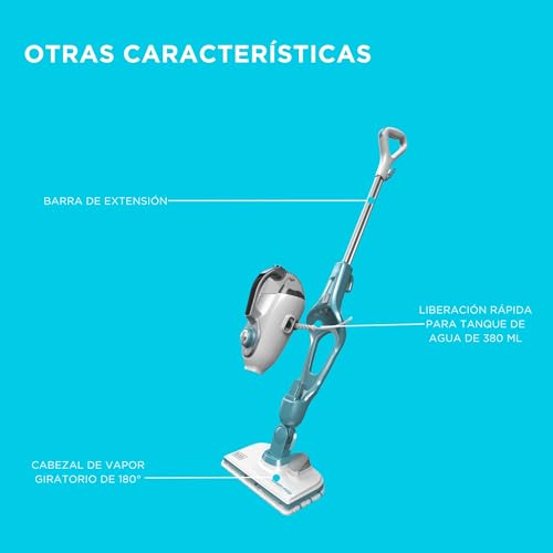 BLACK+DECKER Mopa a Vapor con Cable 1300W 12 Accesorios, Blanco/Azul Cielo, FSMH1321JSM-QS