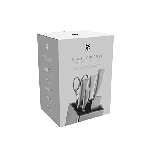 WMF Grand Gourmet - Juego 6 Piezas, 4 Cuchillos con Hoja Insertada de Acero Templado Completamente Forjado y Tijeras Multiusos con Soporte FlexTec de Acero Inoxidable