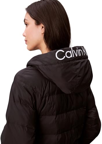 Calvin Klein Abrigo de plumas Mujer Lightweight Logo Mid Length con capucha, Negro (Black), S