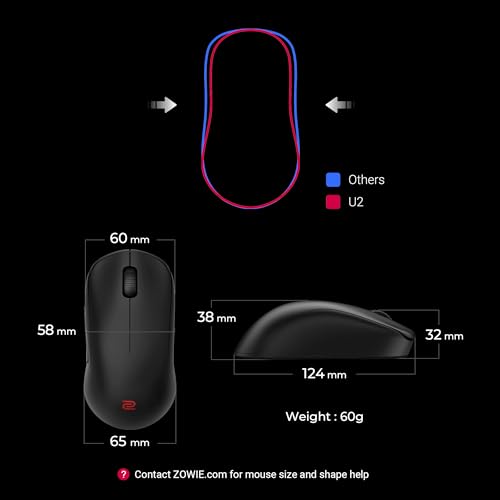 Ratón Gaming Inalámbrico BenQ Zowie U2 para eSports, tecnología esports, receptor mejorado, ligero de 60 g, sensor de 3200 DPI, 5 botones, vida de batería de 70 horas.