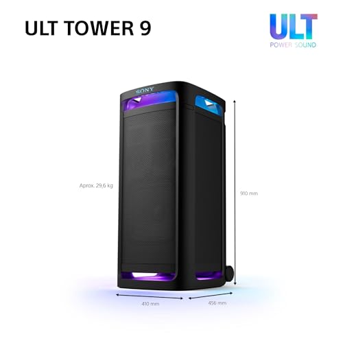 Sony ULT Tower 9, Ultimate Bluetooth Party Speaker, 25 H de batería y alimentación de Red, 2 Modos ULT Power Sound, X-Balanced Speaker, 360 Luces y Sonido, entradas de Karaoke, Negro