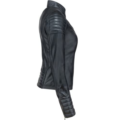 URBAN 5884 Chaqueta de Cuero para Mujer, Chaqueta de Auténtica Piel de Cordero, Corta y Ajustada, Cuero Liso y Suave, Negro, L