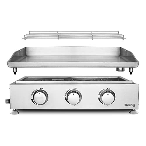 H.Koenig Plancha de asar a gas PLX930 3 quemadores U Acero inoxidable, Alimentación de gas propano o butano, Distribución uniforme del calor, Temperatura regulable hasta 350°C, Pies antideslizantes