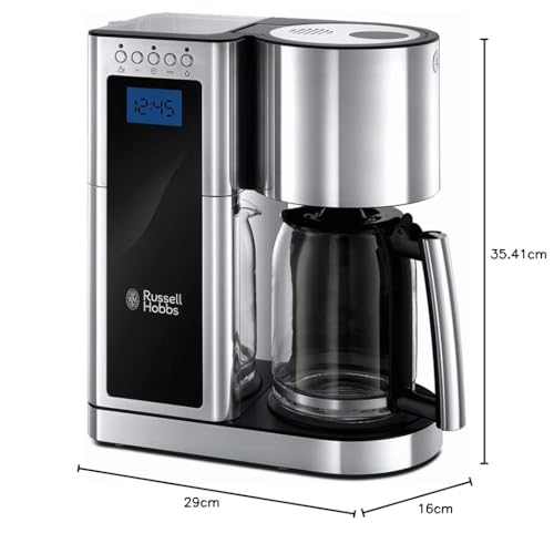 Russell Hobbs Cafetera de Goteo Elegance - Diseño de Cristal, Capacidad de 1,25L, Soporte de Filtro Extraíble, Tecnología Rociado Avanzada, Programable, Función Autolimpieza, Plata y Negro - 23370-56