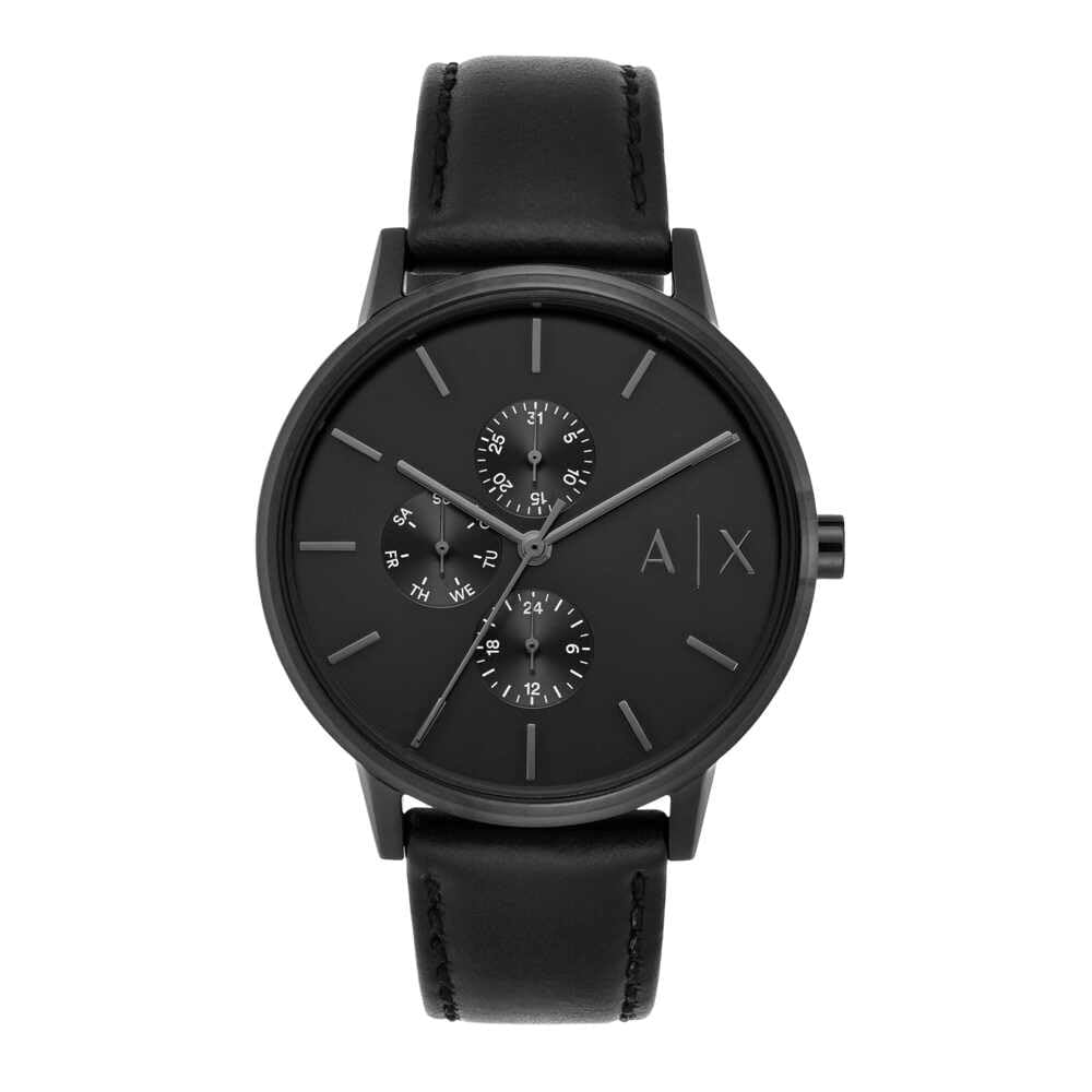 Armani Exchange Reloj para hombre, movimiento multifunción de cuarzo y caja de 42 mm con correa de piel, Negro azabache
