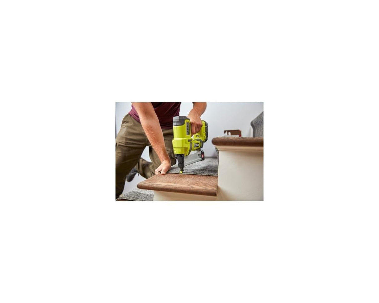Ryobi - Grapadora de Acabado18G de Aire Comprimido 18V ONE+ - Grapas Dorso 5,5-6,1mm, L. 10-38mm - con 500 Grapas, 2 Puntas Protectoras, Gancho para Cinturón (sin Batería ni Cargador) - R18GS18-0