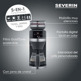 SEVERIN FILKA, cafetera de filtro totalmente automática, cafetera de filtro 5 en 1 con pantalla LED, molinillo, con jarra de cristal, negro mate/acero inoxidable, KA 9694