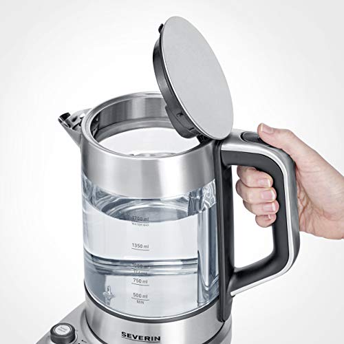 SEVERIN - Hervidor de té y agua de cristal con elevación automática, 1.7 L, 3000 W, Elemento calefactor oculto por placa de acero inoxidable, acero inoxidable y cristal, WK 3422