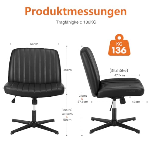 Sweetcrispy Silla de Oficina sin reposabrazos, Silla de Escritorio con Piel sintética, Silla de Lectura con cojín más Ancho para Sentarse en el Asiento de Sastre, Altura Regulable, Silla giratoria de