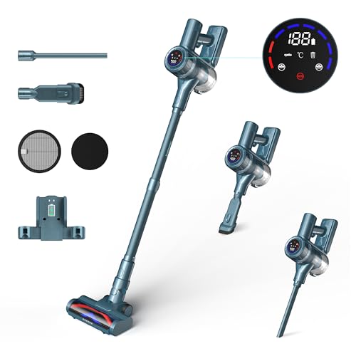 HAIMEEC Aspiradora Sin Cable 6 en 1, Motor de 120,000 RPM, MAX 50Min Filtro HEPA 5 Aspiradora con Pantalla Táctil, Cepillo Antienredos, Modo Antiacaros Aspirador de Mano, Adecuada para Pisos/Pelo
