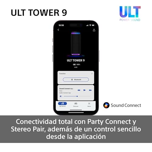 Sony ULT Tower 9, Ultimate Bluetooth Party Speaker, 25 H de batería y alimentación de Red, 2 Modos ULT Power Sound, X-Balanced Speaker, 360 Luces y Sonido, entradas de Karaoke, Negro