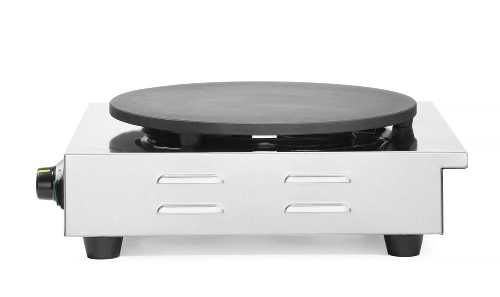 HENDI Crepera eléctrica, con esparcidor de madera,temperatura regulable 50°-250°C, placa de diámetro400mm,de hierro fundido con revestimiento cerámico, 230V, 3000W, 470x509x(H)161mm,acero inoxidable