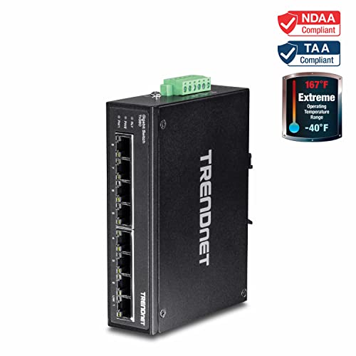 TRENDnet, TI-G80, Switch DIN-Rail Industrial Ethernet Gigabit de 8 Puertos, Divisor Ethernet de 16 Gbps, clasificación IP30, Negro
