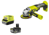 Ryobi - Amoladora angular 18V Ø115 mm - 7.500 rpm - Mango auxiliar - Incluye 1 batería Lithium+ 5,0 Ah, cargador rápido 2,0 A y disco de desbaste - R18AG-150GZL