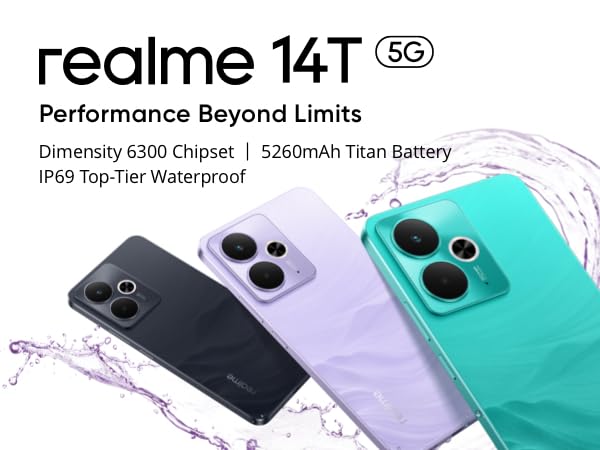 realme 14T Smartphone 5g, 8+256GB,Batería 5260 mAh,Procesador Dimensity 6300,IP69, Cámara de 50MP,Pantalla AMOLED para Esports de 120 Hz,Morado relámpago,Exclusivo de Amazon (Sin Adaptador)
