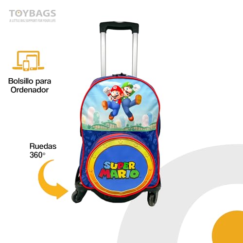 ToyBags Mochila Escolar Super Mario - Doble Compartimento Adaptable + Carro Negro Proteccion Lateral Y STOPER Frontal Anti CAIDA 4 Ruedas giratorias - 45 X 32 X 20 CM